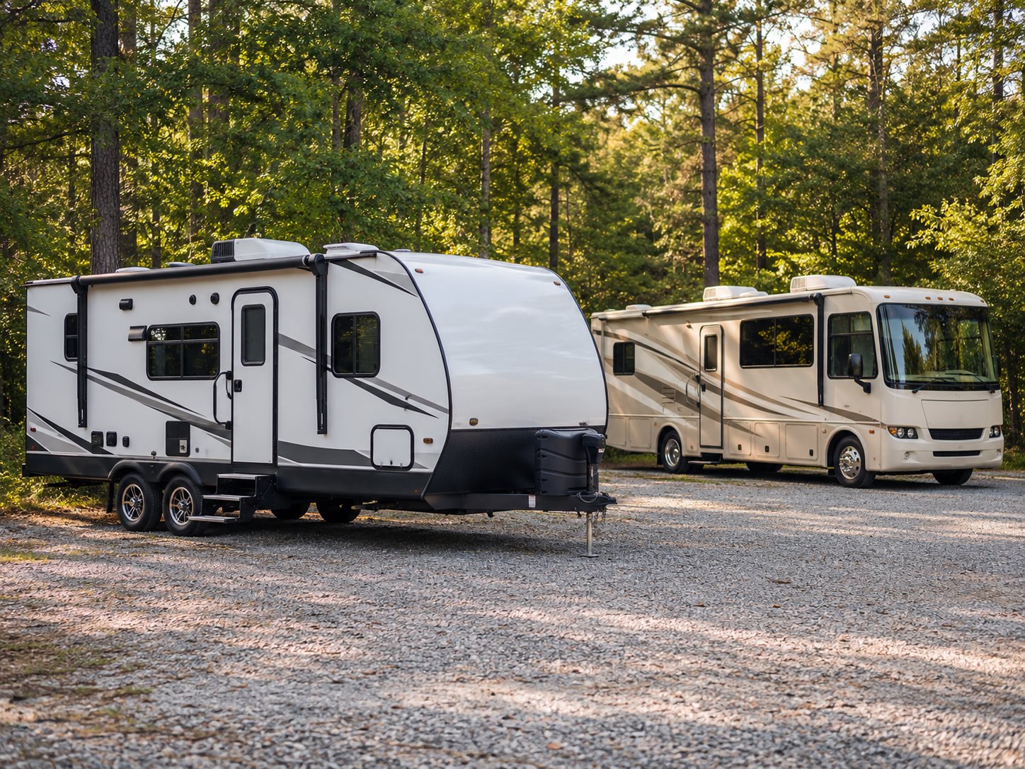 A white travel trailer and cream motorhome parked beside a stand of trees